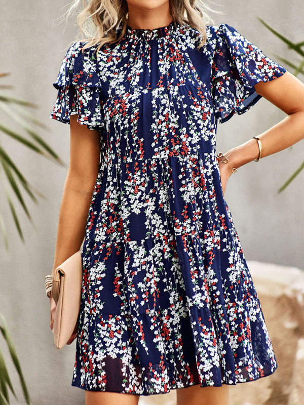 Dress- Boho-Chic Mini Dress with Butterfly Sleeves and Ruffle Details- Purplish blue navy- Pekosa Women Clothing