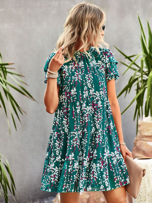 Dress- Boho-Chic Mini Dress with Butterfly Sleeves and Ruffle Details- - Pekosa Women Clothing