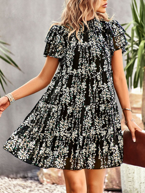 Dress- Boho-Chic Mini Dress with Butterfly Sleeves and Ruffle Details- - Pekosa Women Clothing