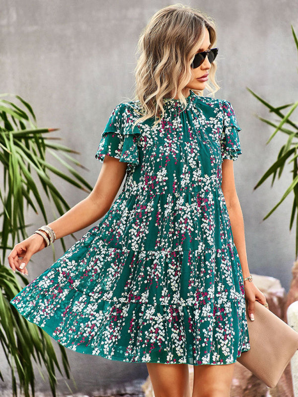 Dress- Boho-Chic Mini Dress with Butterfly Sleeves and Ruffle Details- - Pekosa Women Clothing