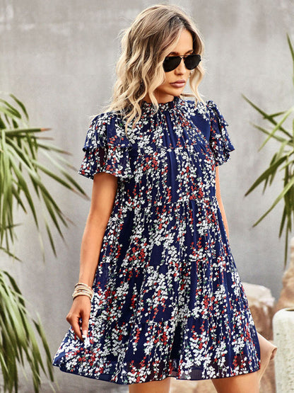 Dress- Boho-Chic Mini Dress with Butterfly Sleeves and Ruffle Details- - Pekosa Women Clothing