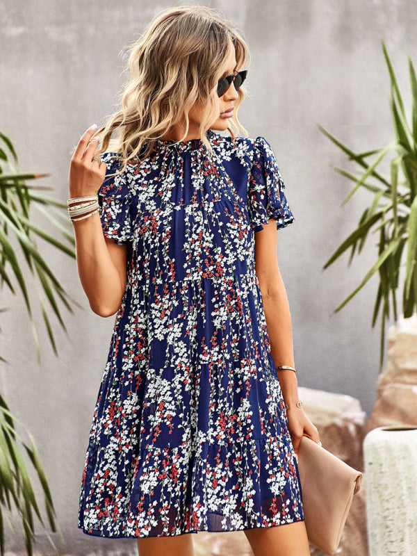 Dress- Boho-Chic Mini Dress with Butterfly Sleeves and Ruffle Details- - Pekosa Women Clothing