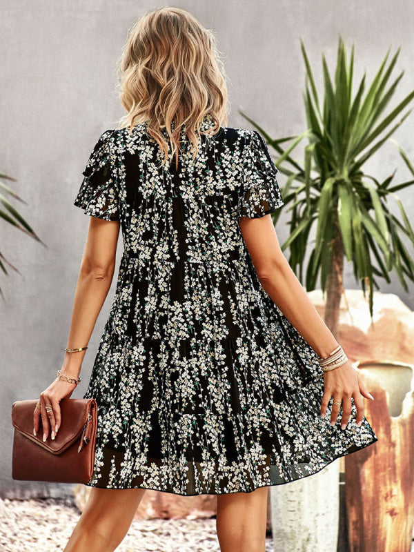 Dress- Boho-Chic Mini Dress with Butterfly Sleeves and Ruffle Details- - Pekosa Women Clothing