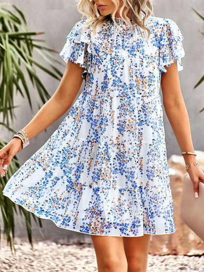 Dress- Boho-Chic Mini Dress with Butterfly Sleeves and Ruffle Details- - Pekosa Women Clothing