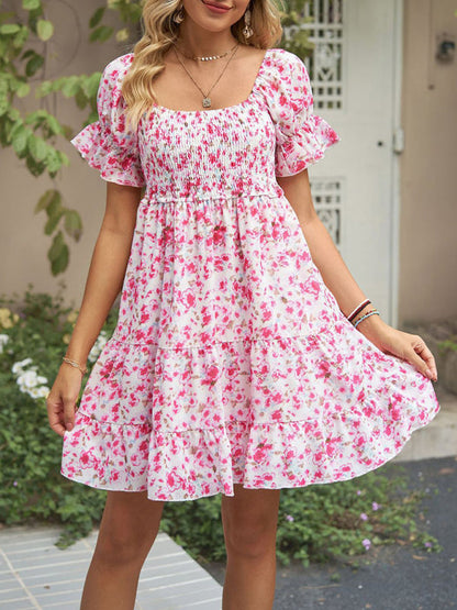 Dress- Boho Floral Chiffon Off Shoulder Shirred Mini Dress- Pink- Pekosa Women Clothing