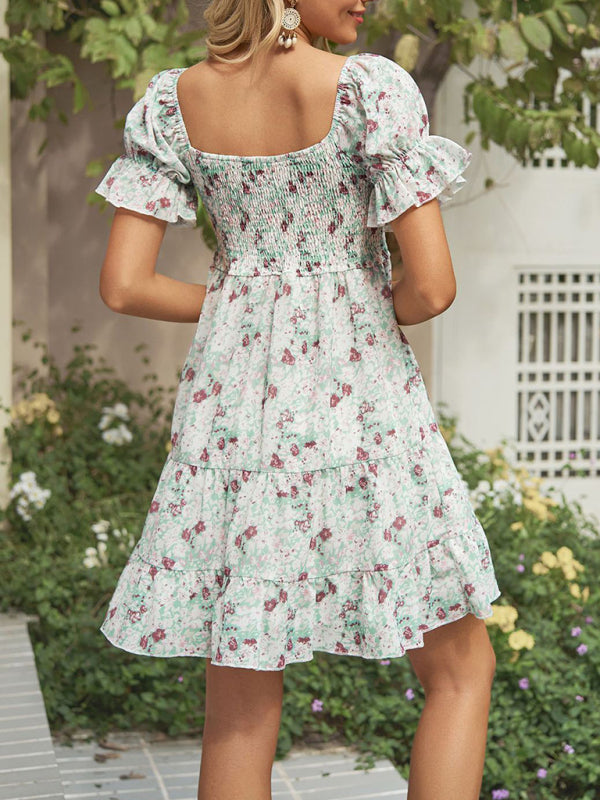 Dress- Boho Floral Chiffon Off Shoulder Shirred Mini Dress- - Pekosa Women Clothing