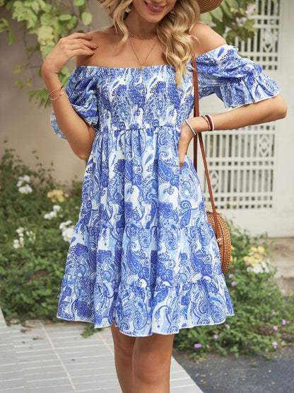 Dress- Boho Floral Chiffon Off Shoulder Shirred Mini Dress- - Pekosa Women Clothing