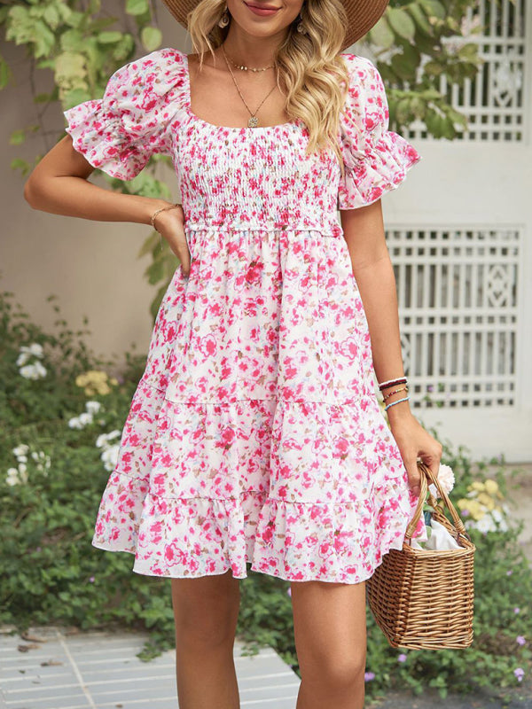 Dress- Boho Floral Chiffon Off Shoulder Shirred Mini Dress- - Pekosa Women Clothing