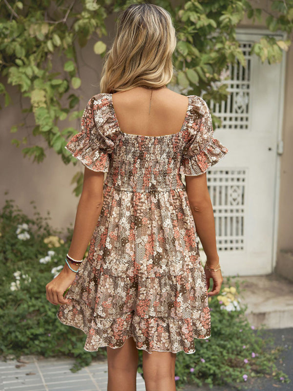 Dress- Boho Floral Chiffon Off Shoulder Shirred Mini Dress- - Pekosa Women Clothing