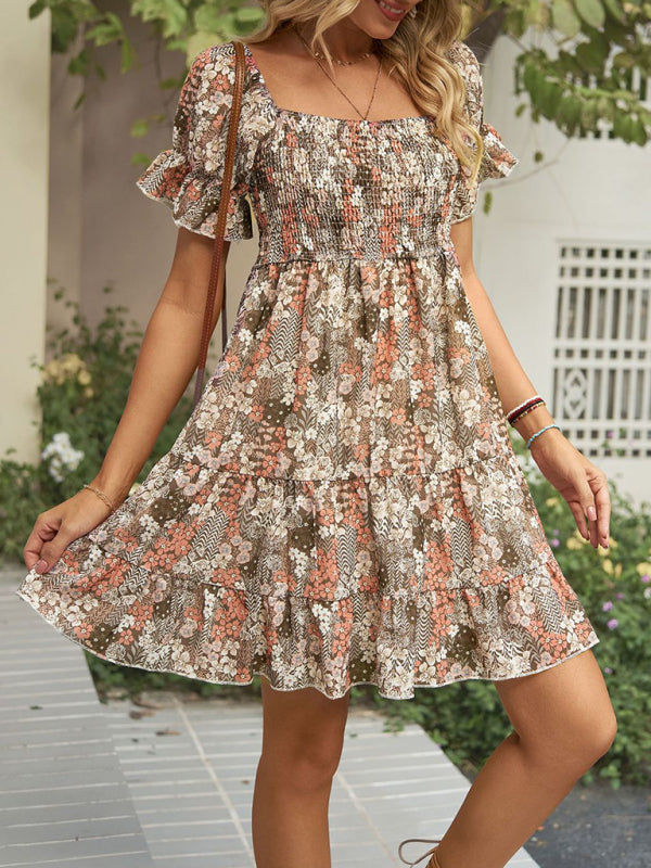 Dress- Boho Floral Chiffon Off Shoulder Shirred Mini Dress- Khaki- Pekosa Women Clothing