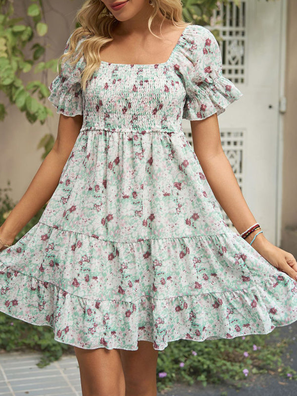 Dress- Boho Floral Chiffon Off Shoulder Shirred Mini Dress- - Pekosa Women Clothing