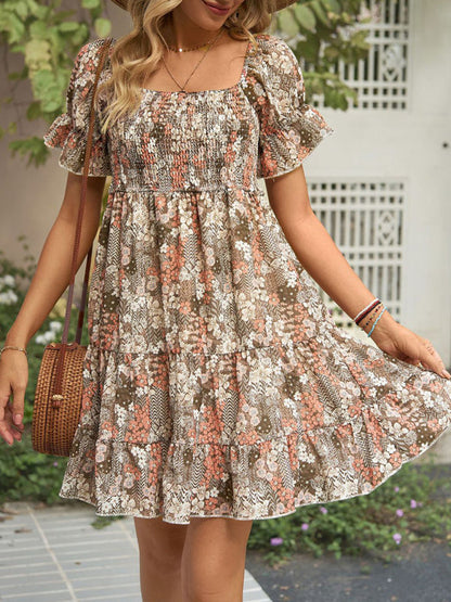 Dress- Boho Floral Chiffon Off Shoulder Shirred Mini Dress- - Pekosa Women Clothing