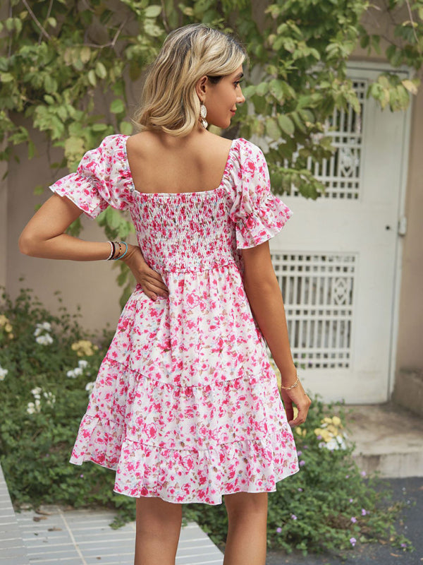 Dress- Boho Floral Chiffon Off Shoulder Shirred Mini Dress- - Pekosa Women Clothing