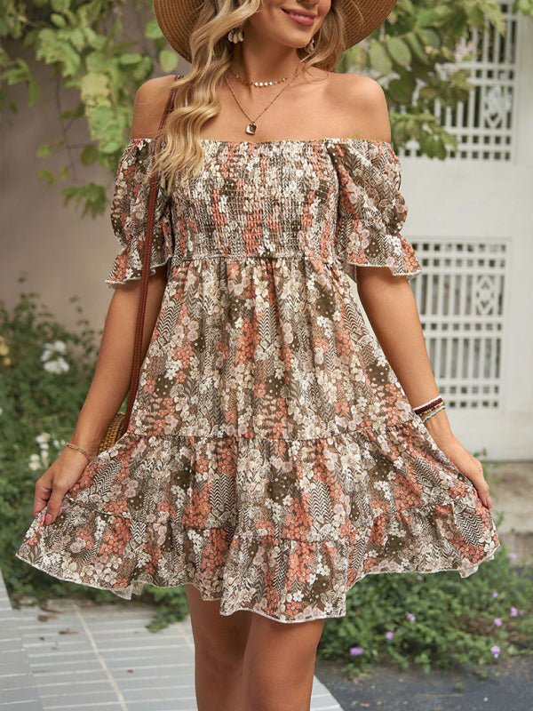 Dress- Boho Floral Chiffon Off Shoulder Shirred Mini Dress- - Pekosa Women Clothing