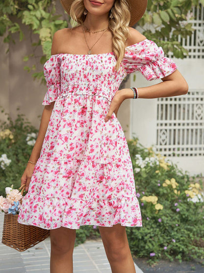 Dress- Boho Floral Chiffon Off Shoulder Shirred Mini Dress- - Pekosa Women Clothing