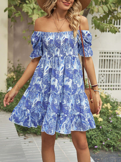 Dress- Boho Floral Chiffon Off Shoulder Shirred Mini Dress- - Pekosa Women Clothing