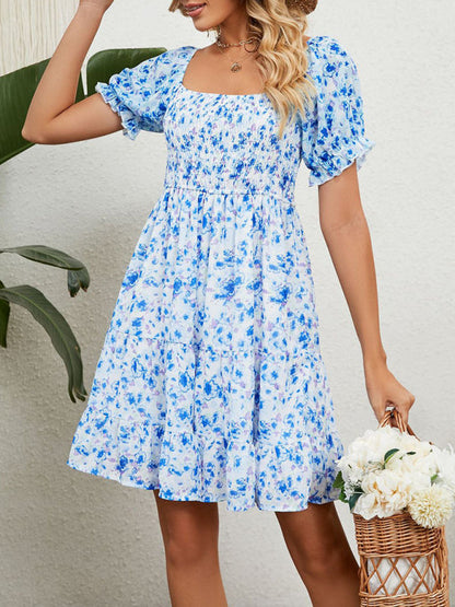 Dress- Boho Floral Chiffon Off Shoulder Shirred Mini Dress- - Pekosa Women Clothing