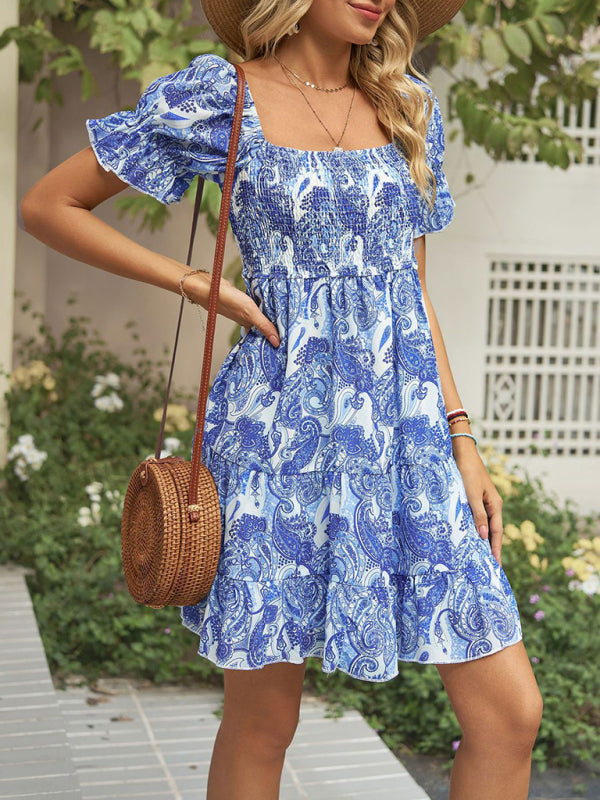 Dress- Boho Floral Chiffon Off Shoulder Shirred Mini Dress- - Pekosa Women Clothing