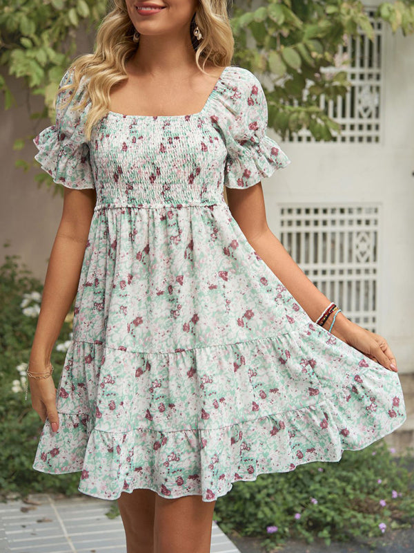 Dress- Boho Floral Chiffon Off Shoulder Shirred Mini Dress- Green- Pekosa Women Clothing