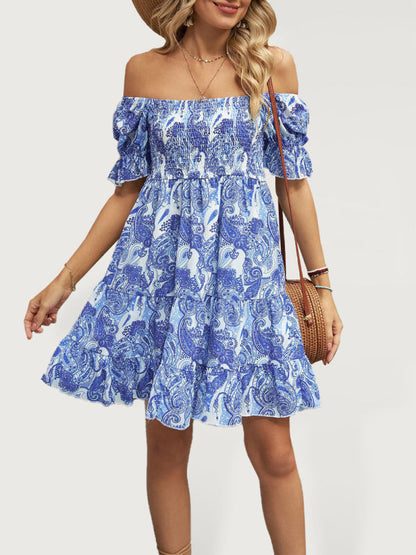 Dress- Boho Floral Chiffon Off Shoulder Shirred Mini Dress- Blue- Pekosa Women Clothing