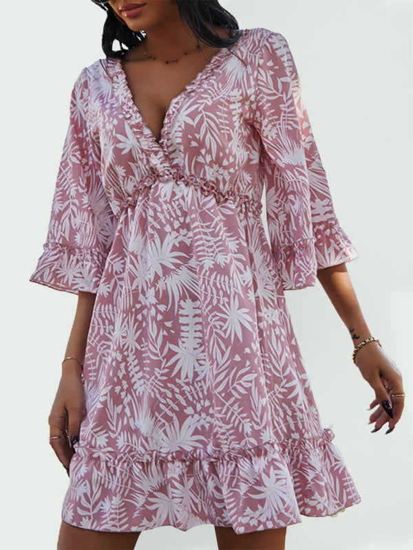 Dress- Boho Floral Tiered Open-Back Ruffle Mini Dress with 3/4 Sleeve- Pink- Pekosa Women Clothing