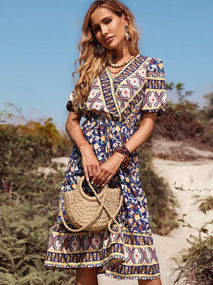 Dress- Boho Floral Wrap V-Neck, A-Line Midi Dress- Navy Blue- Pekosa Women Clothing