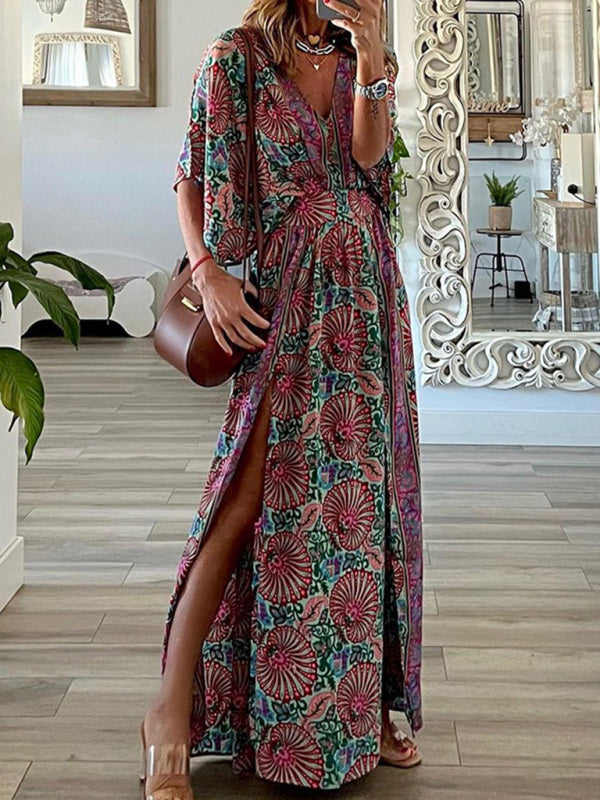 Dress- Boho Vacation Floral Slits Flared Maxi Dress- Purple- Pekosa Women Clothing