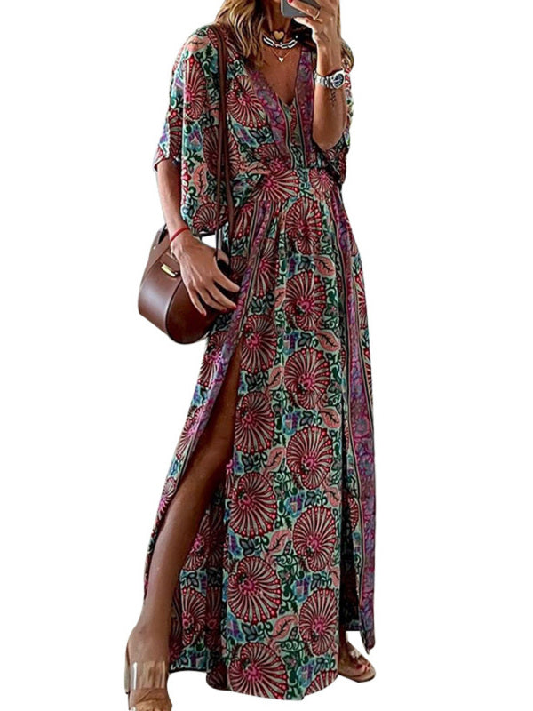 Dress- Boho Vacation Floral Slits Flared Maxi Dress- - Pekosa Women Clothing