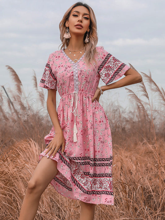 Dress- Bring a Touch of Bohemian to Your Style with Our Midi Dress- Pink- Pekosa Women Clothing