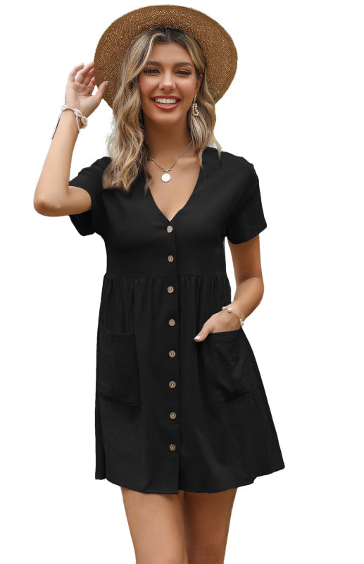 Dress- Button Up Cotton Short Sleeve Mini Dress- - Pekosa Women Clothing