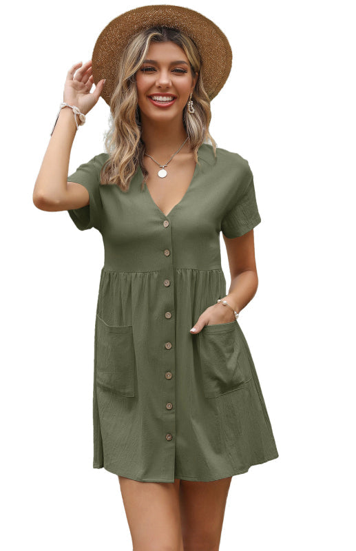 Dress- Button Up Cotton Short Sleeve Mini Dress- - Pekosa Women Clothing