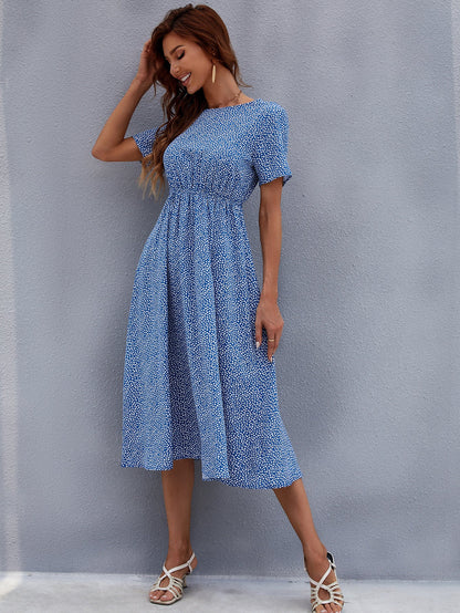 Dress- Casual Floral A-Line Short Sleeve Midi Dress with Elastic Waist- - Pekosa Women Clothing