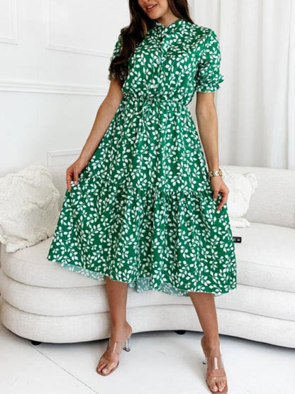 Dress- Casual Leaves Print Midi Dress- - Pekosa Women Clothing