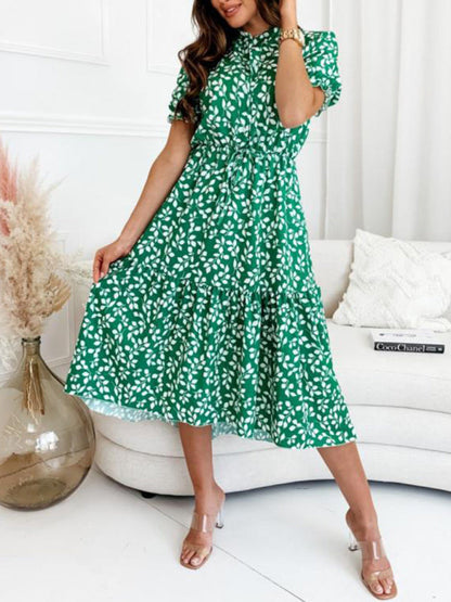 Dress- Casual Leaves Print Midi Dress- Green- Pekosa Women Clothing