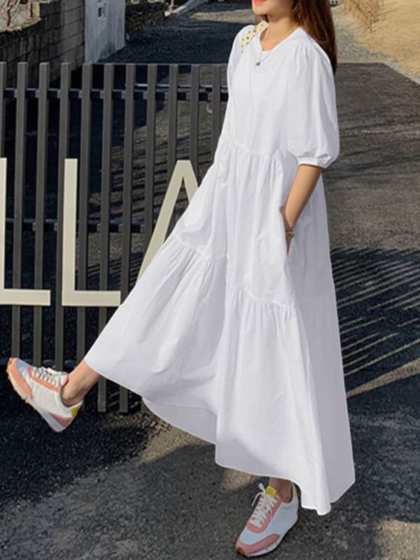 Dress- Casual Loose Maxi Tunic Dress: Half Puff Sleeves, Tiered Skirt, Pockets- - Pekosa Women Clothing