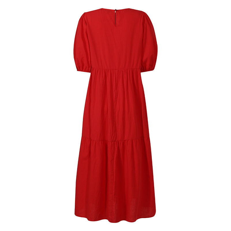 Dress- Casual Loose Maxi Tunic Dress: Half Puff Sleeves, Tiered Skirt, Pockets- - Pekosa Women Clothing