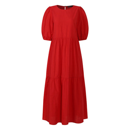 Dress- Casual Loose Maxi Tunic Dress: Half Puff Sleeves, Tiered Skirt, Pockets- - Pekosa Women Clothing