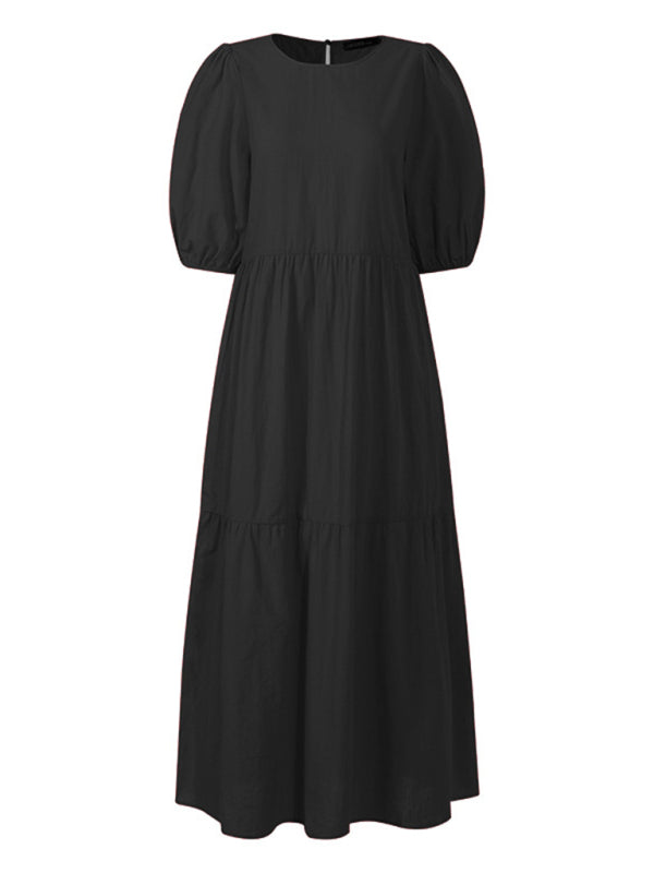 Dress- Casual Loose Maxi Tunic Dress: Half Puff Sleeves, Tiered Skirt, Pockets- - Pekosa Women Clothing