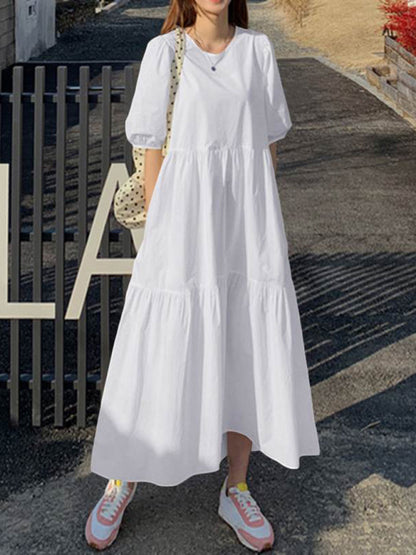 Dress- Casual Loose Maxi Tunic Dress: Half Puff Sleeves, Tiered Skirt, Pockets- White- Pekosa Women Clothing