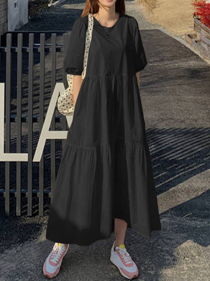 Dress- Casual Loose Maxi Tunic Dress: Half Puff Sleeves, Tiered Skirt, Pockets- Black- Pekosa Women Clothing