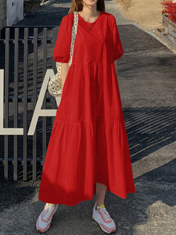 Dress- Casual Loose Maxi Tunic Dress: Half Puff Sleeves, Tiered Skirt, Pockets- Red- Pekosa Women Clothing