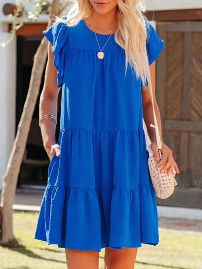 Dress- Casual Meets Classy: Solid A-Line Flowy Tiered Dress- Blue- Pekosa Women Clothing