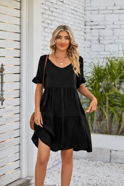 Dress- Casual Solid Flowy Tiered Mini Dress with Pockets- Black- Pekosa Women Clothing