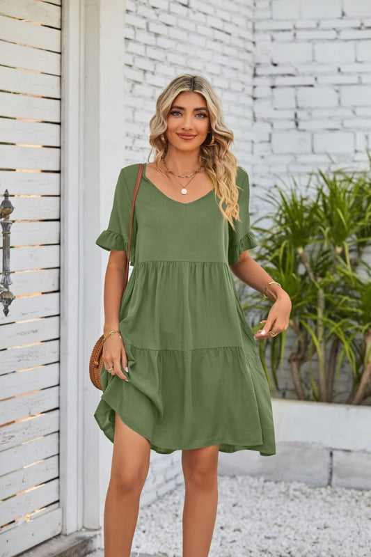 Dress- Casual Solid Flowy Tiered Mini Dress with Pockets- Olive green- Pekosa Women Clothing