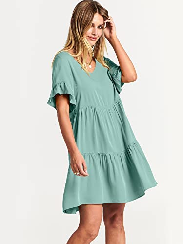 Dress- Casual Solid Flowy Tiered Mini Dress with Pockets- - Pekosa Women Clothing