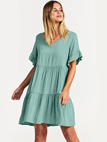 Dress- Casual Solid Flowy Tiered Mini Dress with Pockets- - Pekosa Women Clothing