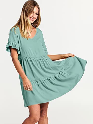 Dress- Casual Solid Flowy Tiered Mini Dress with Pockets- - Pekosa Women Clothing