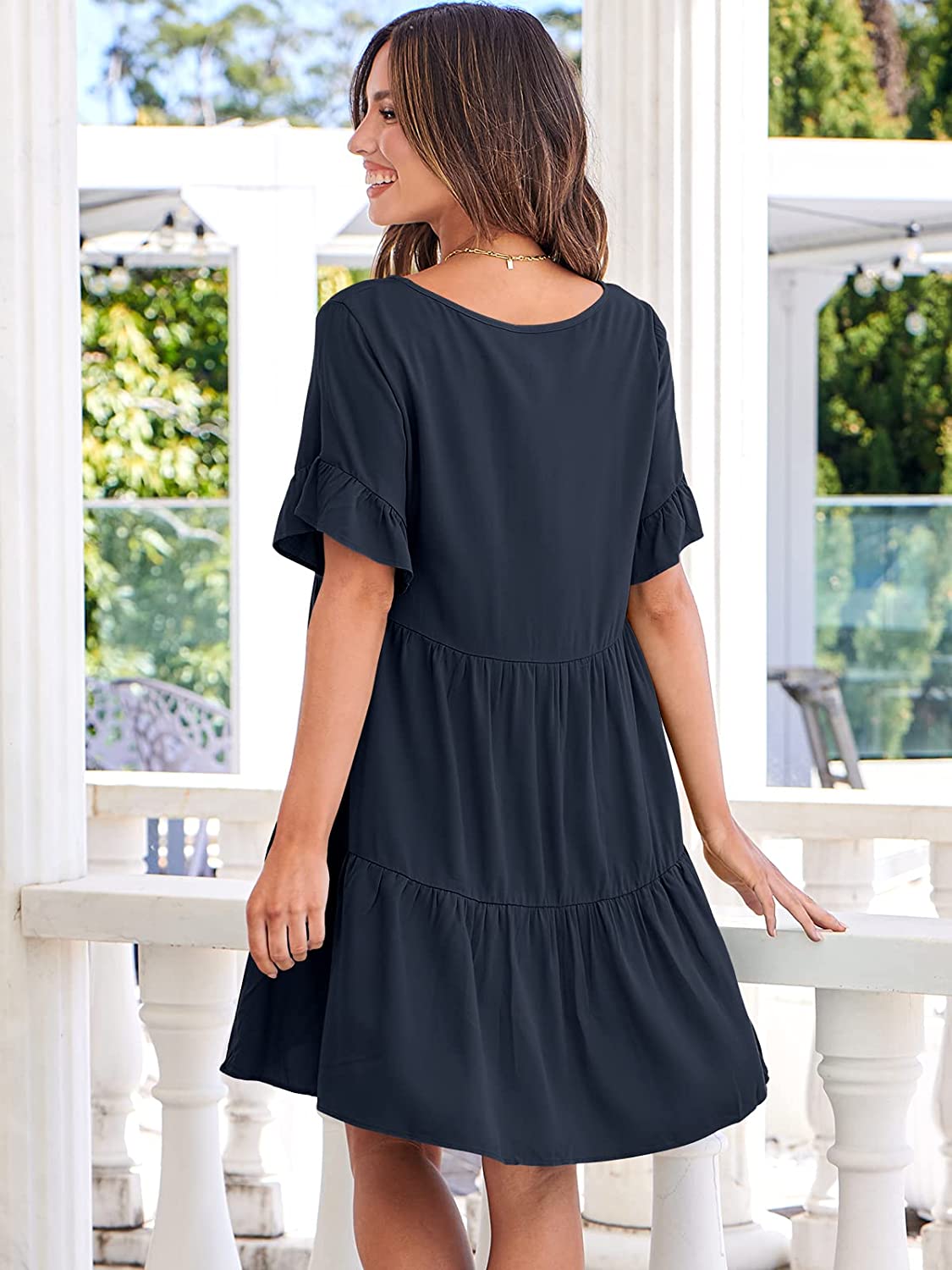 Dress- Casual Solid Flowy Tiered Mini Dress with Pockets- - Pekosa Women Clothing