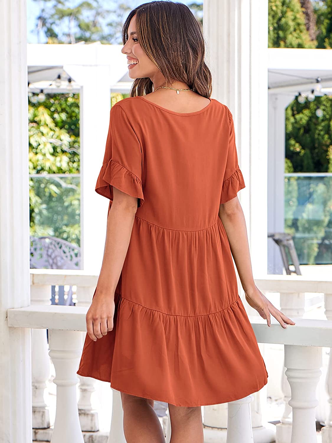 Dress- Casual Solid Flowy Tiered Mini Dress with Pockets- - Pekosa Women Clothing