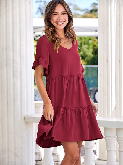 Dress- Casual Solid Flowy Tiered Mini Dress with Pockets- - Pekosa Women Clothing